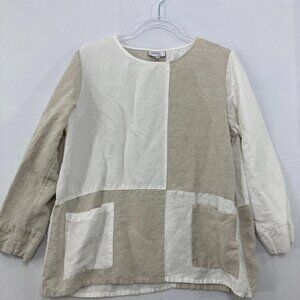 Toofan Large 100% Linen Gray White Color-Block Relaxed Pockets Blouse